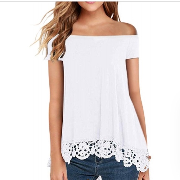 Tops - Off Shoulder Lace Trim Blouse—White
